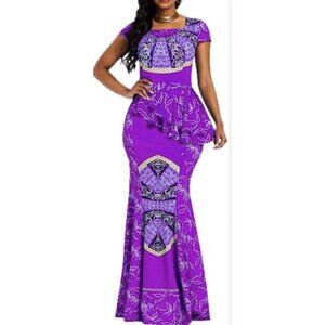 African Mermaid Dress Cap Sleeve Square Neck Floor Length Geometric Womens 2XL